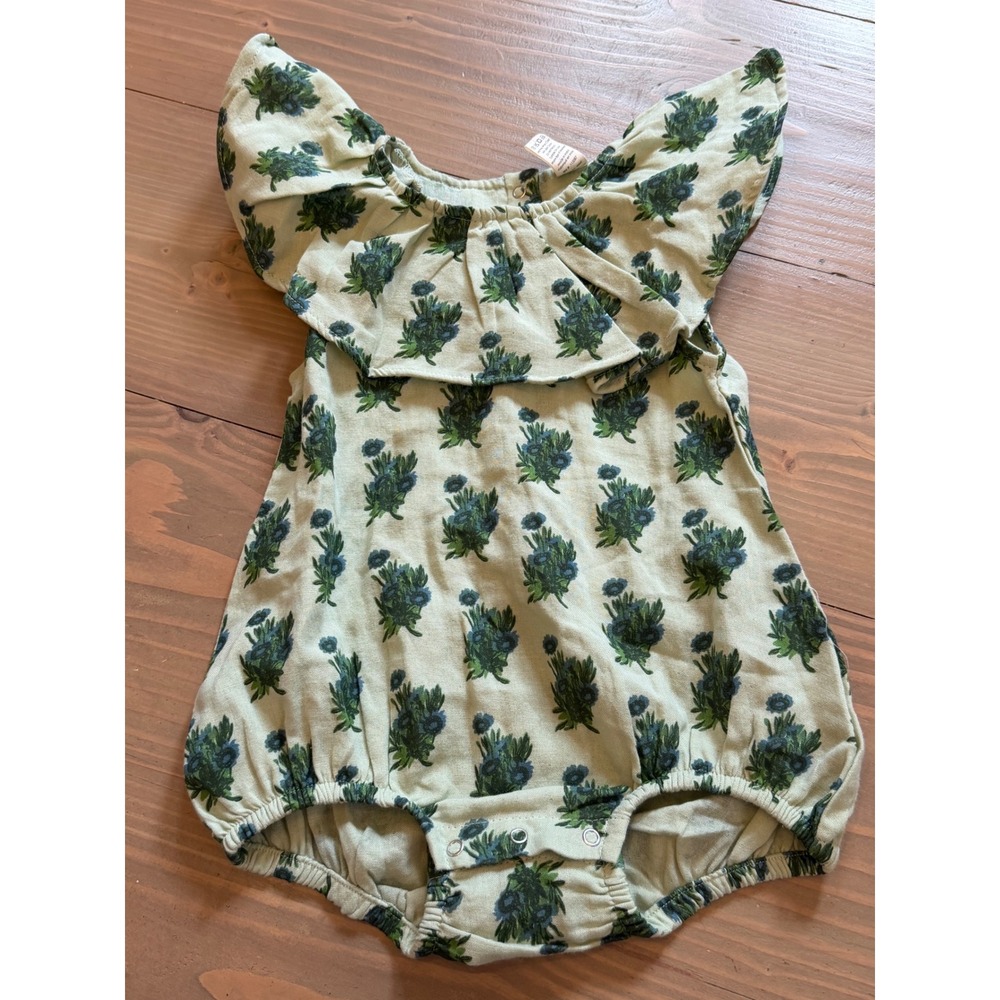 K34 Kate Quinn Organic Cotton Gauze Flutter Sleeve Floral Romper 18-24M Green
